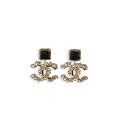 CHANEL 23P PENDANT GOLD CRYSTAL BLACK CC LOGO XL STATEMENT STUD DROP EARRINGS CHANEL 23P PENDANT GOLD CRYSTAL BLACK CC LOGO XL STATEMENT STUD DROP EARRINGS